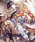  blonde_hair blue_eyes breasts cleavage copyright_request halo highres legs_up long_hair looking_at_viewer medium_breasts olivia_(yh) parted_lips smile solo sword thighs weapon wings 