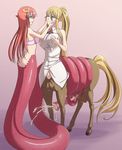  2016 animal_genitalia animal_penis balls blonde_hair butt centaur centorea_shianus_(monster_musume) clothed clothing cum cumshot dickgirl duo ejaculation equine equine_penis equine_taur female gradient_background hair hairclip hand_on_face hi_res humanoid hypnosis intersex lamia long_hair mammal miia_(monster_musume) mind_control monster_girl_(genre) monster_musume orgasm penis pointy_ears ponytail red_hair reptile scalie sex simple_background smile snake tail_sex tailjob taur zelamir 
