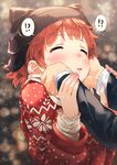  1girl animal_hat bad_id bad_pixiv_id blush cheek_squash closed_eyes hands_on_another's_cheeks hands_on_another's_face hat highres idolmaster idolmaster_million_live! narumi_arata nonohara_akane out_of_frame red_hair scarf short_hair snow solo_focus sweat sweater 