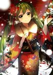  alternate_eye_color alternate_hair_color bangs blurry blush commentary_request depth_of_field floral_print flower fur_collar green_hair hair_flower hair_ornament hand_up hatsune_miku holding holding_umbrella japanese_clothes kimono long_hair obi obiage obijime oriental_umbrella outdoors red_flower red_kimono sash smile snow sogawa solo standing twintails umbrella very_long_hair vocaloid yellow_eyes 