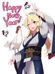  bird blonde_hair blue_eyes chicken chinese_zodiac happy_new_year hayabusa headgear highres iowa_(kantai_collection) japanese_clothes kantai_collection kimono long_hair new_year obi obiage obijime one_eye_closed open_mouth rooster sash smile solo star star-shaped_pupils symbol-shaped_pupils v year_of_the_rooster 