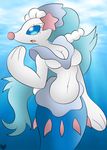  2016 anthro anthrofied blue_background blue_eyes blue_hair blue_skin breasts fangs female hair long_hair mammal marine navel nintendo nude open_mouth pink_nose pinniped pok&eacute;mon primarina simple_background solo underwater video_games water white_skin zinzoa 