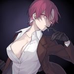  bazett_fraga_mcremitz black_gloves breasts citron_82 cleavage dress_shirt earrings fate/hollow_ataraxia fate_(series) finger_in_mouth formal gloves jewelry large_breasts looking_at_viewer no_bra purple_eyes purple_hair shirt short_hair solo suit unbuttoned 