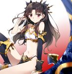  bare_shoulders black_hair breasts cleavage detached_sleeves earrings fate/grand_order fate_(series) fingerless_gloves gloves hair_ribbon heavenly_boat_maanna hoop_earrings ishtar_(fate/grand_order) jewelry long_hair long_legs looking_at_viewer midriff navel pelvic_curtain red_eyes ribbon single_sleeve single_thighhigh sitting small_breasts solo thighhighs tiara tsuedzu two_side_up 