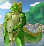  2016 anthro balls biceps bushes claws clothed clothing cloud cum digital_media_(artwork) dragon eastern_dragon father hair hisoka-bear horn invalid_tag kemono looking_at_viewer male mammal mist morenatsu muscular muscular_male nude parent penis rock scalie sky smile solo standing steam sweat tappei_(morenatsu) teeth termal_water topless video_games water 