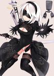  artist_name black_dress black_gloves black_legwear blindfold boots breasts cat center_opening cleavage dress facing_viewer gloves grey_background hairband highleg highres katana large_breasts leotard mole mole_under_mouth nahaki nier_(series) nier_automata outstretched_arm parted_lips pod_(nier_automata) short_hair signature solo sword thigh_boots thighhighs thighs weapon white_hair white_leotard yorha_no._2_type_b 