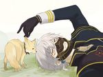  armor black_gloves fox fox_shadow_puppet gloves japanese_armor lying male_focus menpoo nakigitsune nakigitsune's_fox necktie on_back touken_ranbu white_hair yamazaki_mitsuko yellow_eyes 