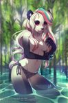  2016 anthro bamboo bear bikini clothed clothing female forest hair looking_at_viewer mammal multicolored_hair panda rainbow_hair swimsuit tofu93 topless tree underwear water 