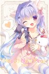  2017 ;d animal_ears artist_name bangs blue_legwear blush brown_eyes brown_ribbon cat_ears cat_girl cat_hair_ornament cat_tail chinese_zodiac collarbone commentary_request dotted_line fang hair_intakes hair_ornament hair_ribbon hairclip happy_new_year heart holding holding_stuffed_animal hood hoodie lavender_hair long_hair looking_at_viewer new_year no_shoes off_shoulder one_eye_closed open_mouth original pom_pom_(clothes) ribbon sitting sleepwear smile solo spoken_heart striped striped_legwear striped_ribbon stuffed_animal stuffed_cat stuffed_chicken stuffed_toy tail very_long_hair wariza white_legwear year_of_the_rooster yukie_(peach_candy) 