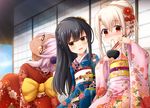  alternate_costume alternate_hairstyle blush bow chloe_von_einzbern chopsticks dark_skin eating embarrassed fate/kaleid_liner_prisma_illya fate_(series) floral_print flower food hair_flower hair_ornament hair_stick han'eri head_tilt highres illyasviel_von_einzbern japanese_clothes kimono long_hair long_sleeves looking_at_viewer miyu_edelfelt morokoshi_(tekku) multiple_girls noodles obi obiage obijime open_mouth outdoors sash shaft_look short_hair shouji sitting sliding_doors smile wide_sleeves 