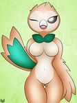  2016 anthro anthrofied avian beak black_eyes breasts brown_feathers feathers featureless_breasts featureless_crotch female green_background green_feathers navel nintendo nude one_eye_closed open_mouth pok&eacute;mon pok&eacute;morph rowlet simple_background solo tongue video_games wink zinzoa 