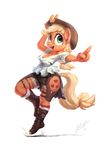  anthro applejack_(mlp) assasinmonkey blonde_hair boots breasts chaps cleavage clothed clothing cowboy_hat cutie_mark earth_pony equine eyelashes female footwear freckles friendship_is_magic green_eyes hair hat horse mammal my_little_pony orange_skin pony simple_background smile solo white_background 