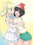  ^_^ bare_legs beanie black_hair blonde_hair blush braid closed_eyes floral_print french_braid green_eyes green_shorts hat hood hug lillie_(pokemon) long_hair miniskirt mizuki_(pokemon) mizuumi_(bb) multiple_girls open_mouth pleated_skirt pokemon pokemon_(game) pokemon_sm red_hat shirt short_hair short_shorts short_sleeves shorts skirt smile spoilers t-shirt tied_shirt white_shirt white_skirt 