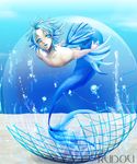  artist_name bare_arms bare_back bare_shoulders blue blue_eyes blue_lips bubble copyright_request flippers full_body kudou_(wil0830s) male_focus merman monster_boy solo text_focus underwater water watermark 