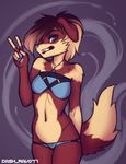  2017 anthro blue_eyes bra brown_fur brown_hair canine clothed clothing dash_ravo female fur hair hand_sign long_hair mammal navel one_eye_closed skimpy smile solo teeth underwear wink 