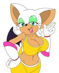  anthro armpits bat big_breasts blue_eyes bra breasts cleavage clothed clothing female gloves hair hi_res mammal membranous_wings michiyoshi midriff navel open_mouth rouge_the_bat simple_background smile solo sonic_(series) sports_bra underwear white_background white_hair wings 