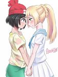  beanie black_hair blonde_hair blush eye_contact forehead-to-forehead hat highres holding_hands lillie_(pokemon) looking_at_another mizuki_(pokemon) multiple_girls pokemon pokemon_(game) pokemon_sm ponytail sereneandsilent short_shorts shorts skirt spoilers yuri 