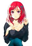  arms_at_sides bangs bare_shoulders bead_necklace beads breasts cleavage green_ribbon hair_ribbon hand_on_own_chest jewelry large_breasts looking_at_viewer looking_up love_live! love_live!_school_idol_project nail_polish necklace nishikino_maki off_shoulder parted_lips pink_nails purple_eyes red_hair ribbon simple_background sketch solo tibino upper_body white_background 