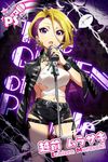  artist_request belt blonde_hair card_(medium) character_name earrings echizen_murasaki hair_between_eyes jacket_on_shoulders jewelry md5_mismatch microphone multicolored_hair nail_polish necklace official_art purple_eyes ring short_hair shorts solo tokyo_7th_sisters two-tone_hair vintage_microphone 