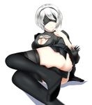  1girl android artist_request ass black_dress black_gloves blindfold boots breasts dress gloves hairband high_heel_boots high_heels lying nier_(series) nier_automata on_side panties pantyshot shiny shiny_hair short_hair silver_hair smile solo thigh_boots thighhighs underwear upskirt yorha_unit_no._2_type_b 