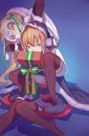  absurdres artoria_pendragon_(all) bangs biting black_legwear blonde_hair box christmas covering_mouth elbow_gloves embarrassed fate/grand_order fate_(series) fur_trim gift gift_box gloves hair_ribbon head_biting headpiece highres jeanne_d'arc_(fate)_(all) jeanne_d'arc_alter_santa_lily long_hair looking_at_viewer mask multiple_girls pom_pom_(clothes) red_cucumber ribbon saber_alter santa_alter sitting sitting_on_shoulder skirt thighhighs yellow_eyes 