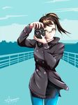  absurdres anomonny blue_legwear brown_eyes brown_hair camera coat glasses highres looking_at_viewer nikon_(company) occultic;nine pantyhose ponytail semi-rimless_eyewear single-lens_reflex_camera skirt solo sumikaze_touko 