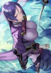  1girl 55level armor bracer breasts fate/grand_order fate_(series) fingerless_gloves from_above gloves high_collar highres hip_armor katana large_breasts leg_armor light_smile looking_at_viewer looking_up minamoto_no_raikou_(fate/grand_order) pelvic_curtain puffy_sleeves purple_eyes purple_hair sailor_collar smile solo standing sword water weapon 