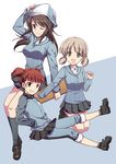  aki_(girls_und_panzer) ankle_boots bangs blue_footwear blue_hat blue_shirt blue_skirt blunt_bangs boots brown_eyes brown_hair closed_mouth commentary_request dress_shirt full_body girls_und_panzer green_eyes grey_legwear grey_skirt grin hand_on_own_head hands_in_pockets haruna_hisui hat holding holding_instrument instrument jacket kantele keizoku_military_uniform keizoku_school_uniform light_brown_hair loafers long_hair long_sleeves looking_at_viewer mika_(girls_und_panzer) mikko_(girls_und_panzer) military military_uniform miniskirt multiple_girls one_eye_closed open_mouth pants pants_rolled_up pants_under_skirt pleated_skirt red_eyes red_hair school_uniform shirt shoes short_hair short_twintails skirt smile socks striped striped_shirt track_jacket track_pants twintails uniform vertical-striped_shirt vertical_stripes white_shirt 
