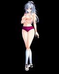  1girl bishop_(company) breasts full_body hair_ribbon large_breasts legs long_hair looking_at_viewer phi pink_eyes ponytail ribbon silicon_magic silver_hair simple_background smile solo standing thighs white_skin 