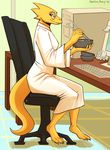  alphys anthro captainjohnson-b chair computer desktop eyewear female food glasses keyboard lab_coat lizard looking_at_viewer noodles paper reptile scalie solo undertale video_games yellow_skin 