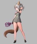  1girl animal_ears arm_behind_head arm_up armad armpits black_gloves black_panties blue_eyes dog_ears dog_tail dress elin_(tera) full_body gloves grey_background grey_dress head_tilt highres legs long_hair panties ponytail pose shoes short_dress simple_background sleeveless sleeveless_dress smile solo tail tera_online underwear wand white_hair 