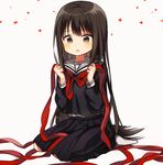  bangs black_skirt blush boyano brown_eyes brown_hair eyebrows_visible_through_hair grey_background holding long_hair looking_down neckerchief original oversized_clothes parted_lips pleated_skirt red_neckwear school_uniform seiza serafuku simple_background sitting skirt socks solo very_long_hair white_legwear 