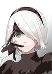  bangs black_dress black_gloves blindfold close-up dress gloves gradient gradient_background green_eyes hair_over_one_eye hairband highres nier_(series) nier_automata one_eye_covered pale_skin solo swept_bangs uta_(xuyansong1996) white_hair yorha_no._2_type_b 