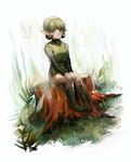  aoki_(fumomo) backlighting belt_buckle boots buckle closed_mouth dappled_sunlight fairy fairy_wings full_body grass green_eyes green_footwear green_hair hands_on_lap knee_boots long_sleeves looking_at_viewer plant pointy_ears saria short_hair sitting sitting_on_tree_stump smile solo sunlight the_legend_of_zelda the_legend_of_zelda:_ocarina_of_time tree_stump tunic turtleneck v_arms wings 