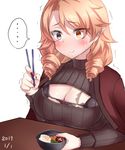  1girl 2017 black_sweater blonde_hair blush bowl bra breast_tattoo breasts carrot chloe_marie cleavage comic commentary_request dated drill_hair eating egg embarrassed food hanten_(clothes) highres large_breasts long_hair long_sleeves meme_attire mushroom neit_ni_sei new_year open-chest_sweater original pink_eyes pink_hair ribbed_sweater spoken_ellipsis sweat sweater sweating_profusely tattoo torn_bra torn_clothes translation_request trembling twin_drills underwear yellow_eyes zouni_soup 