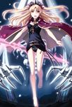  barefoot blonde_hair cape earrings ereshkigal_(fate/grand_order) fate/grand_order fate_(series) hair_ribbon jewelry long_hair looking_at_viewer open_mouth polearm red_cape red_eyes ribbon shiseki_hirame skeletal_arm skull solo spear tiara twintails weapon 