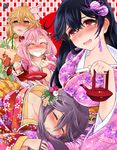  akebono_(kantai_collection) alcohol bandaid bandaid_on_face black_hair blush brown_eyes bunny closed_eyes crab cup drunk hair_bobbles hair_ornament half-closed_eyes japanese_clothes kantai_collection kimono light_brown_hair multiple_girls nose_blush oboro_(kantai_collection) open_mouth pink_hair purple_hair red_eyes sakazuki sake saliva sazanami_(kantai_collection) sleeping sumeragi_hamao ushio_(kantai_collection) yukata 