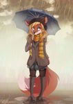  beanie blonde_hair boots canine clothed clothing cloud cute dennyvixen female fence footwear fox fur hair hat knee_high_boots mammal puddle raining red_fur santhro scarf simple_background skirt sky solo standing umbrella 
