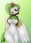  2016 anthro anthrofied avian beak black_eyes breasts brown_feathers dartrix feathers featureless_breasts featureless_crotch female green_background green_feathers navel navel_piercing nintendo nude piercing pok&eacute;mon pok&eacute;morph simple_background solo video_games white_feathers wide_hips zinzoa 