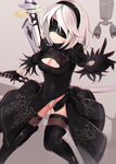  artist_name black_dress black_footwear black_gloves black_legwear blindfold blurry boots breasts cat center_opening cleavage depth_of_field dress facing_viewer gloves grey_background hairband highleg highres katana large_breasts leotard mole mole_under_mouth nahaki nier_(series) nier_automata outstretched_arm parted_lips pod_(nier_automata) shade short_hair signature solo sword thigh_boots thighhighs thighs weapon white_hair white_leotard yorha_no._2_type_b 