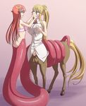  2016 blonde_hair butt centaur centorea_shianus_(monster_musume) clothed clothing duo equine equine_taur female gradient_background hair hairclip hand_on_face hi_res humanoid hypnosis lamia long_hair mammal miia_(monster_musume) mind_control monster_girl_(genre) monster_musume pointy_ears ponytail red_hair reptile scalie simple_background smile snake taur zelamir 