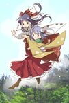  blue_sky boots bow commentary_request day floating floral_print flower forest frilled_skirt frills hair_bow hair_flower hair_ornament hair_tubes hakama hakurei_reimu hakurei_reimu_(pc-98) hieda_no_akyuu holding_hands japanese_clothes kimono koma_midori long_hair long_sleeves meiji_schoolgirl_uniform multiple_girls nature nontraditional_miko open_mouth outdoors outstretched_arms photo_background purple_hair red_hakama ribbon ribbon-trimmed_sleeves ribbon_trim skirt sky smile socks spread_arms tabi touhou touhou_(pc-98) tree wide_sleeves 