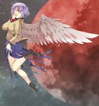 ass bare_legs black_footwear blue_dress breasts commentary_request covering_mouth dress feathered_wings flying from_side full_body grey_wings hasebe_yuusaku highres jacket kishin_sagume long_sleeves looking_at_viewer looking_to_the_side medium_breasts planet red_eyes shoes short_dress short_hair silver_hair single_wing solo space touhou wings 