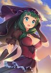  :d aqua_eyes cloud corset frills front_ponytail gloves green_hair kagiyama_hina long_hair looking_at_viewer mountain open_mouth puffy_sleeves see-through sky smile solo touhou zimajiang 