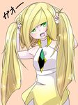  :o bangs bare_arms bare_shoulders blonde_hair blunt_bangs blush breasts bunching_hair commentary_request diamond_(shape) dress empty_eyes gao gem green_eyes head_tilt holding holding_hair ichiba_chiharu long_hair looking_at_viewer lusamine_(pokemon) medium_breasts multicolored_hair open_mouth pink_background pokemon pokemon_(game) pokemon_sm purple_hair see-through simple_background sleeveless sleeveless_dress solo standing streaked_hair teeth text_focus tongue translation_request turtleneck very_long_hair white_dress 