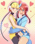  2girls ass ass_grab bangs blonde_hair blue_eyes blush breast_press breasts choker cleavage cover cover_page cropped_legs dress fuuro_(pokemon) gloves gym_leader hair_bun hair_ornament hand_on_hips headphones heart holster hug kamitsure_(pokemon) large_breasts long_sleeves looking_at_viewer midriff multiple_girls navel open_mouth pantyhose pokemon pokemon_(game) pokemon_bw polka_dot red_hair short_hair short_shorts shorts simple_background sleeveless sleeveless_dress small_breasts smile suspenders swept_bangs symmetrical_docking teeth thigh_holster yuri 