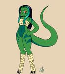  anthro bandage black_hair bottomless breasts clawdia_(mekachii) clothed clothing featureless_crotch female green_belly green_body hair hand_on_hip leg_markings long_hair markings mekachii one_eye_closed red_eyes reverse_countershading scalie simple_background smile solo thick_tail wide_hips 
