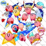  artist_name blue_eyes blush bomb cloak closed_mouth copy_ability frown hammer hat heart highres kirby kirby_(series) kudou_(wil0830s) no_humans open_mouth sleeping smile star text_focus umbrella 