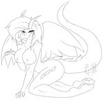  anthro big_breasts breasts dragon female horn looking_at_viewer mizukithia monochrome nipples nude smile solo wings 