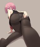  all_fours bare_shoulders black_dress black_legwear blush chiiio covering covering_ass dress embarrassed fate/grand_order fate_(series) looking_at_viewer looking_back mash_kyrielight panties panties_under_pantyhose pantyhose purple_eyes purple_hair short_hair solo thighband_pantyhose underwear upskirt 